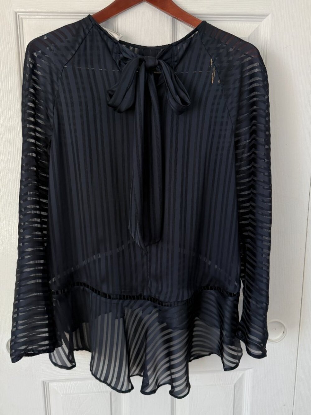 Zimmerman Dark Navy Blue Sheer Striped Peplum Blouse with Bow Small - Picture 5 of 11